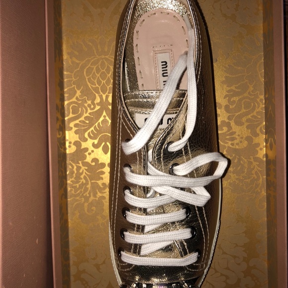 Miu Miu Gold Leather Sneakers with Crystal - Picture 4 of 6